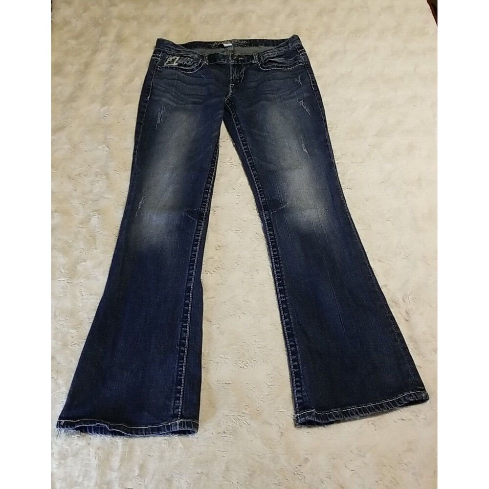 Maurice's Premium Jeans Womens Sz 11/12 Blue Embellished Distressed Embr…